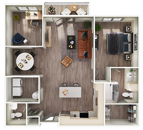 Floor plan for 1 bed, 1.5 baths, 1041 sqft